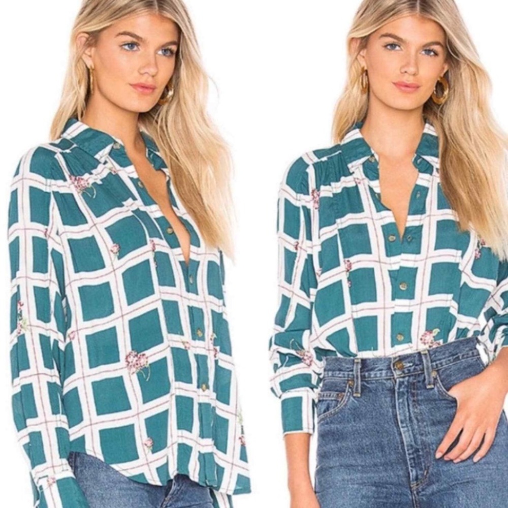 Free People plaid floral‎ button front shirt xs